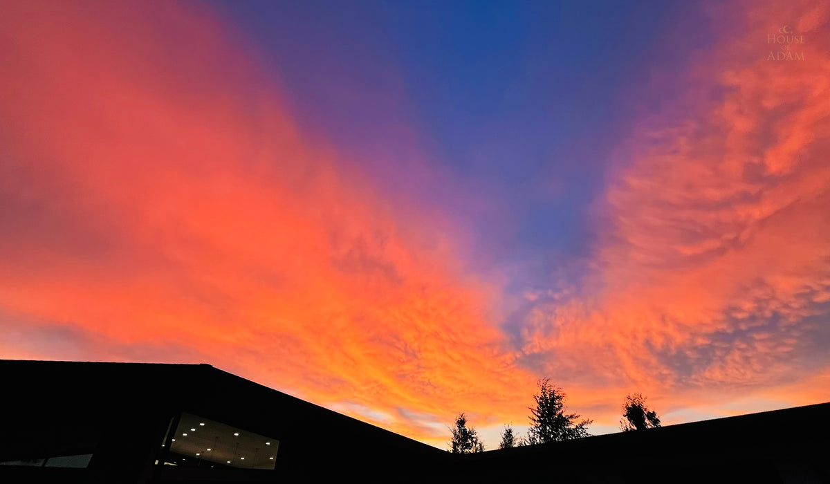 Vivid orange, pink, and blue sunset sky with radial clouds over a silhouetted building roofline near Hamilton, Montana.